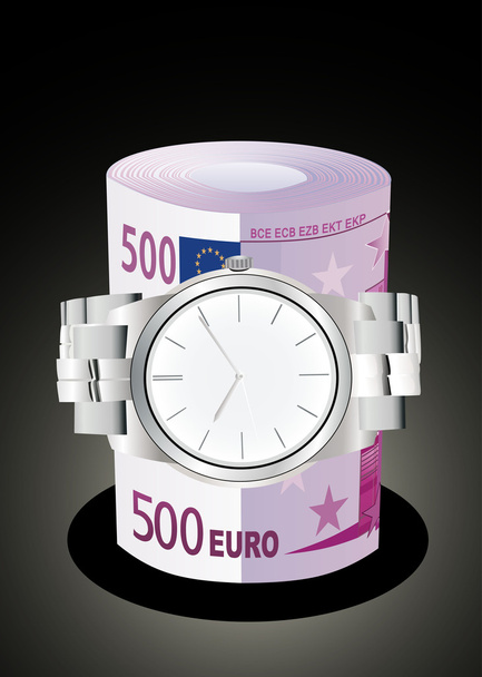Armbanduhr um eine Rolle 500-Euro-Banknoten gewickelt - Vektor, Bild