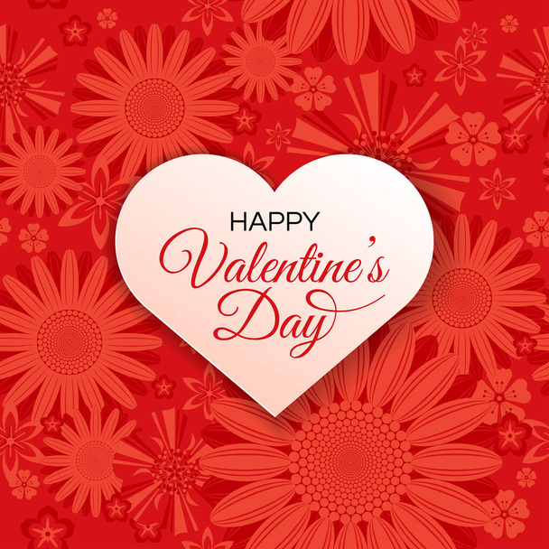 Valentine's Day greeting card template. Heart on floral red background. - Vector, imagen