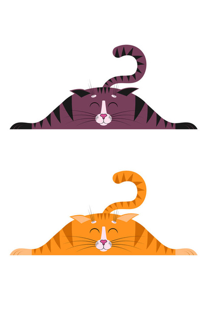 かわいい漫画のストライプの赤い猫、目を閉じた子猫は、側面に広がっている足で平らな表面に位置しています。デザイン、装飾のためのブランクテンプレート。2つのデザインオプション。ベクトル絶縁 - ベクター画像