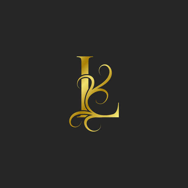 Значок с логотипом Golden L Letter Luxury. Украшенный типографский векторный дизайн для декоративного буквенного знака или алфавита начальный с элементами вихревого цветочного листа винтажный, элегантный, роскошный стиль концепции
. - Вектор,изображение
