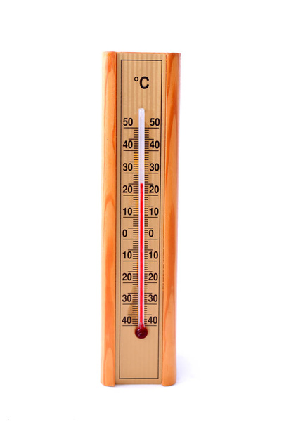 Termometr drewniany na białym - Zdjęcie, obraz