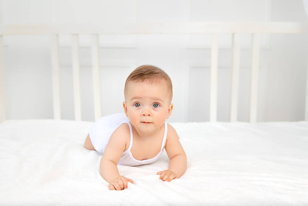 glimlachend baby meisje 6 maanden oud liggend op het bed in de kinderkamer op haar buik en kijkend naar de camera, ochtend baby, baby producten concept - Foto, afbeelding
