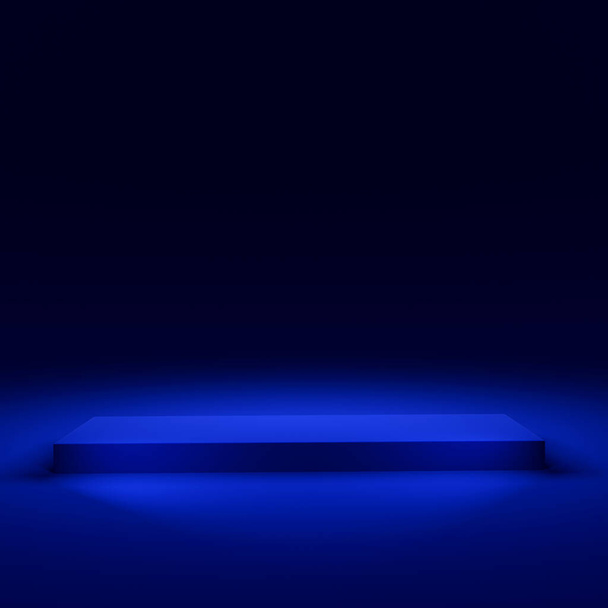 Blue studio and stand pedestal podium on the floor interior room. Illustration wallpaper for backdrop background. Design product presentation. 3D Rendering.   - Fotoğraf, Görsel