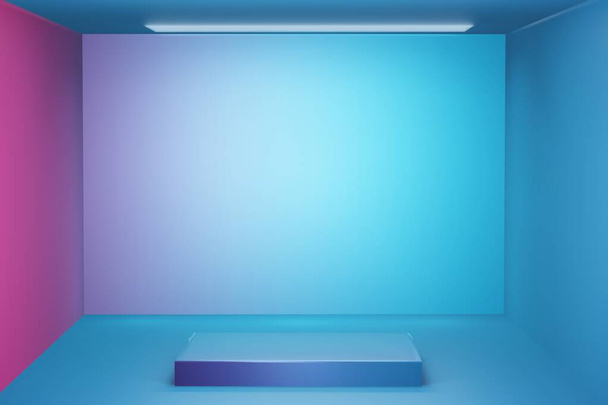 Estudio azul y soporte podio pedestal en la habitación interior del piso. Fondo de pantalla de ilustración para fondo de fondo. Presentación del producto de diseño. Renderizado 3D
.   - Foto, Imagen