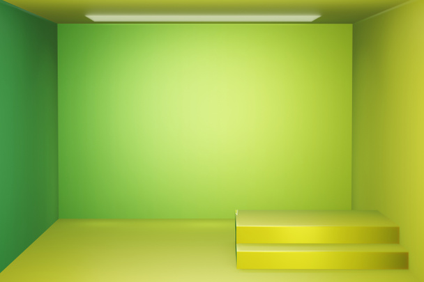 Zielone studio i stanąć na piedestale podium na piętrze wnętrza pokoju. Ilustracja tapety na tle tle. Prezentacja produktu projektowego. Renderowanie 3D.   - Zdjęcie, obraz