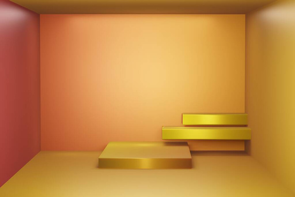 Oro amarillo y estudio gloden y soporte podio pedestal en la habitación interior del piso. Fondo de pantalla de ilustración para fondo de fondo. Presentación del producto de diseño. Renderizado 3D
.   - Foto, Imagen