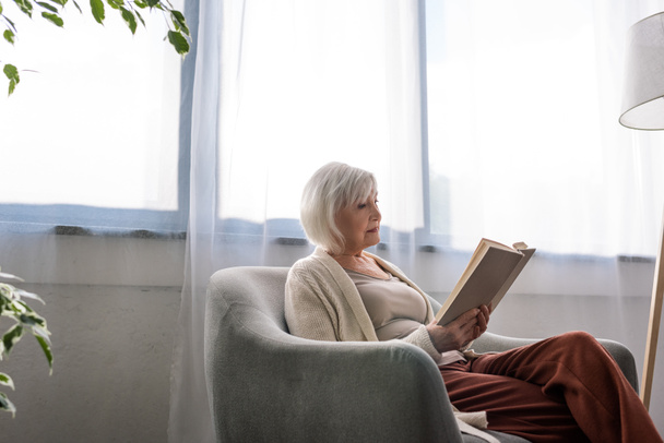 συμπυκνωμένη ηλικιωμένη γυναίκα κάθεται στην πολυθρόνα και το βιβλίο ανάγνωσης - Φωτογραφία, εικόνα