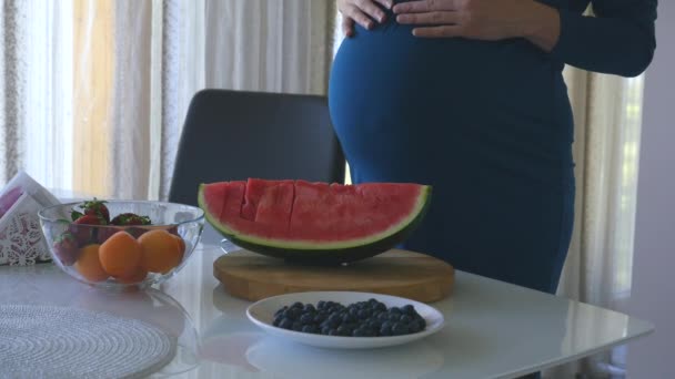 Young pregnant woman holding her belly - Filmati, video