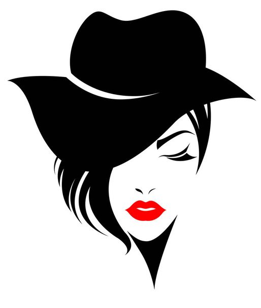 Frauen kurze Haare mit Hut, Logo Frauen Gesicht auf weißem Hintergrund - Vektor, Bild