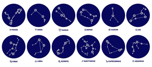 Set di segni zodiacali, stelle, costellazioni di colore blu su sfondo bianco. - Vettoriali, immagini