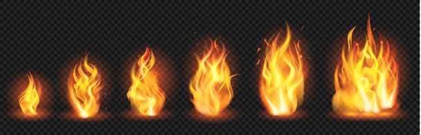 Ρεαλιστική έννοια φλόγας. Πυρκαγιά εκτυφλωτικό φωτιά, διάφορα μεγέθη καύση αναβλύζει της φλόγας, αυξανόμενη φλόγες πυρκαγιά απομονωμένο διάνυσμα εικονογράφηση σετ - Διάνυσμα, εικόνα