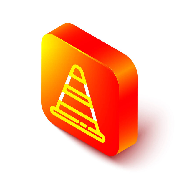 Icono de cono de tráfico de línea isométrica aislado sobre fondo blanco. Botón cuadrado naranja. Ilustración vectorial. - Vector, imagen