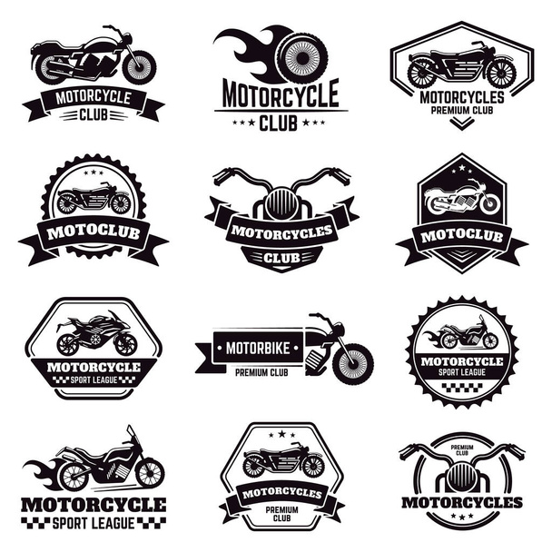 Retro motorkerékpár emblémák. Motorkerékpár klub motorkerékpár jelvények, kerékpár bélyeg, motorkerékpár kerék szárny embléma, motorkerékpár címkék vektor illusztráció ikonok készlet - Vektor, kép