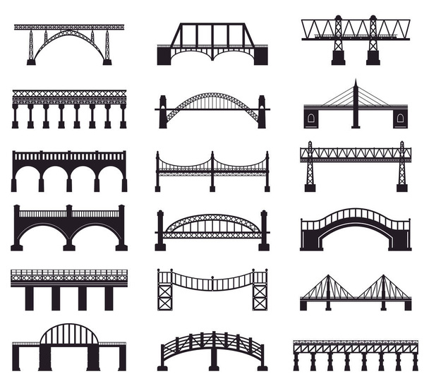 Silhouette de construction de pont. Bâtiment d'architecture de pont de rivière, silhouette de la chaussée de transport pont vectoriel icônes d'illustration ensemble - Vecteur, image