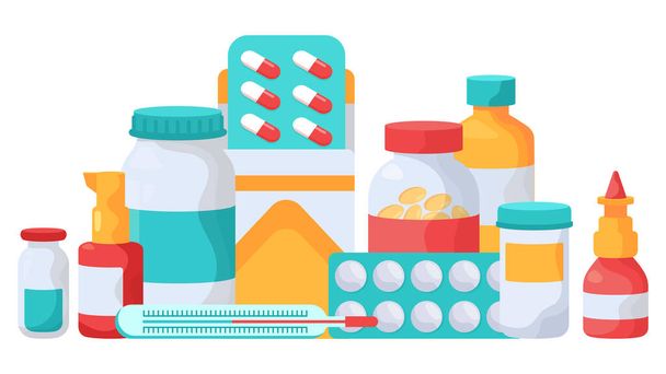 Leki uzupełniające. Tabletki medyczne, blistry z witaminami, butelki z lekami, apteka leki przeciwbólowe leczenie wektor ilustracji - Wektor, obraz