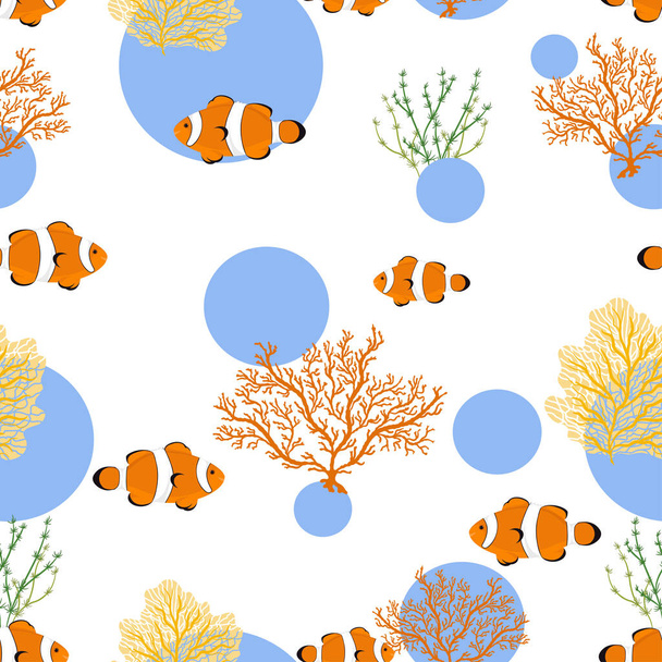 Seamless pattern with clown fishes, seaweeds and corals. Vector hand drawn illustration of underwater sea life with tropical exotic aquacultures. Print and textile design. - Vector, Image