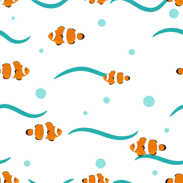 Seamless pattern with clown fishes and waves. Vector hand drawn illustration of underwater sea life with tropical exotic aquacultures. Print and textile design. - Vektör, Görsel