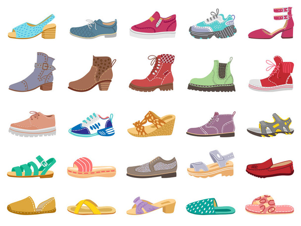 Boots and shoes. Modern elegant female, male and childrens footwear, sneakers, sandals, boots for winter and spring vector illustration icons set - Vector, Image