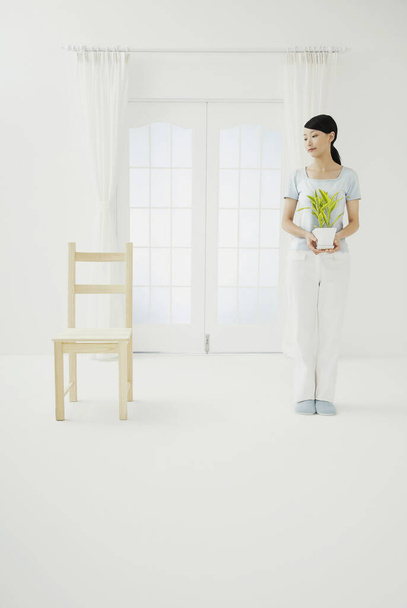 Woman holding plant while looking at wooden chair - Foto, imagen