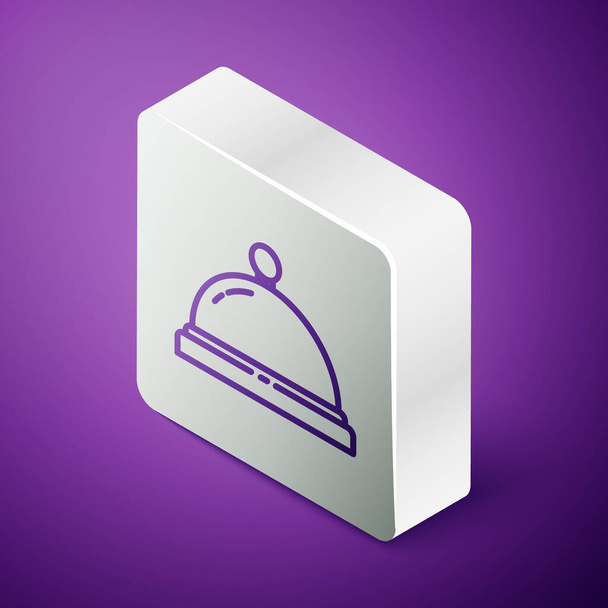 Isometric line Hotel service bell icon isolated on purple background. Reception bell. Silver square button. Vector Illustration. - Vector, Image