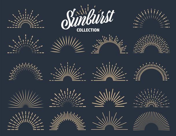 Vintage Sunburst kokoelma. Auringonsäteet puhkeavat. Ilotulitus Logotyyppi tai kirjainten suunnitteluelementti. Auringonlaskusäteet. Vektoriesimerkki. - Vektori, kuva