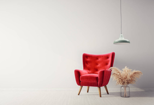 Modern design interior with red armchair. Scandinavian furniture. 3d illustration - Photo, image