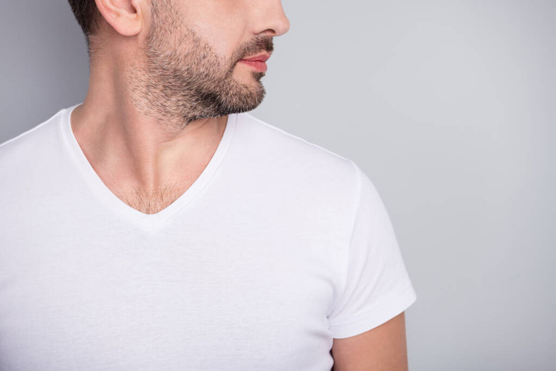Cropped close-up profile side view portrait of his he nice attractive well-groomed content guy unshaven bristle skin care isolated over light grey pastel color background - Fotoğraf, Görsel