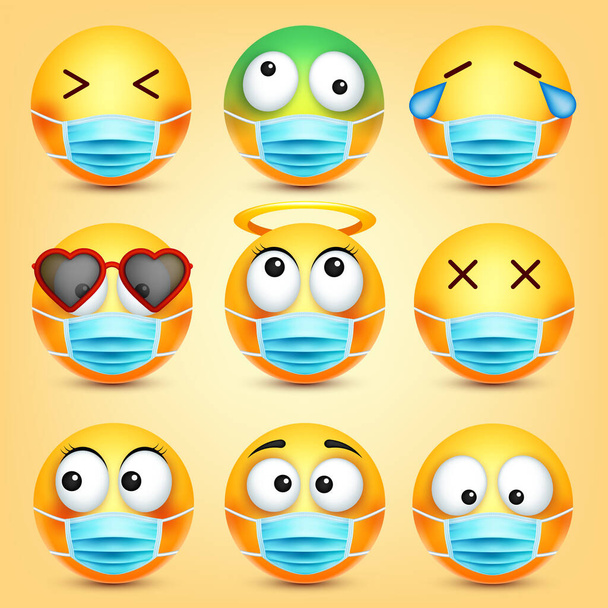 Emoticons, emoji vector collectie. Cartoon geel gezicht met medisch masker. Gezichtsuitdrukkingen en emoties. - Vector, afbeelding