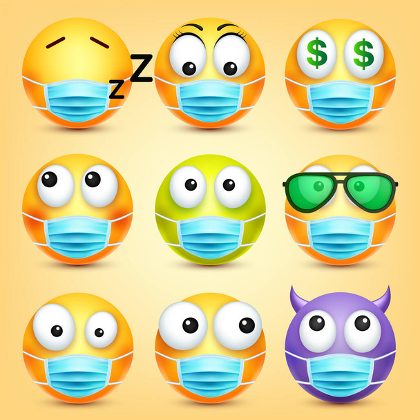 Emoticons, emoji vector collectie. Cartoon geel gezicht met medisch masker. Gezichtsuitdrukkingen en emoties. - Vector, afbeelding