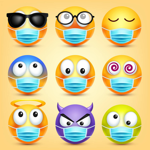 Emoticons, emoji vector collection. Cartoon yellow face with medical mask. Facial expressions and emotions. - Vector, Image