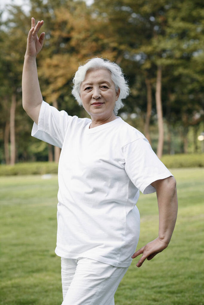 Senior woman practising tai chi in the park - Foto, Imagen