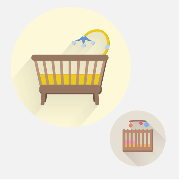 Значок детской кровати. детская колыбель плоская икона с длинной тенью. Значок плоской колыбели
 - Вектор,изображение