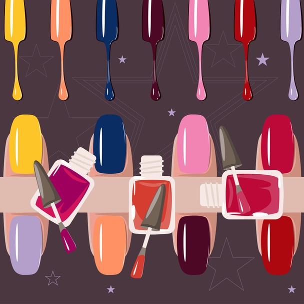 Set of multicolored nail polish brushes. vector - Vector, Image