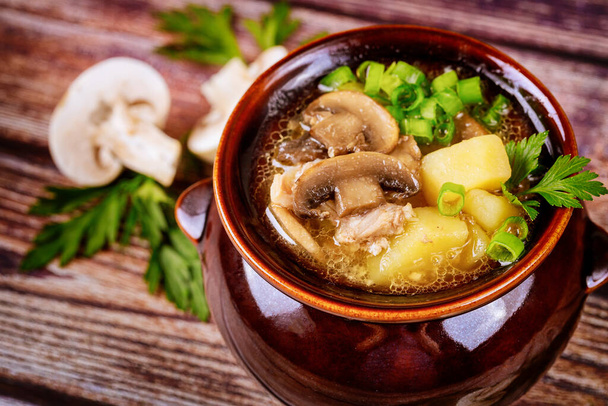 Mushroom soup with potatoes and chives in a clay pot. Close up. - Photo, Image