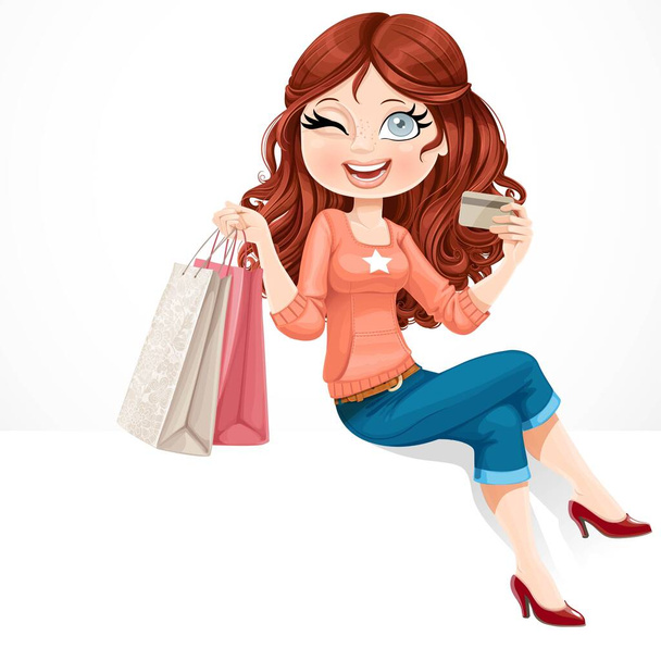 Beautiful girl with a credit card and shopping bags in her hands sitting on white banner - Wektor, obraz