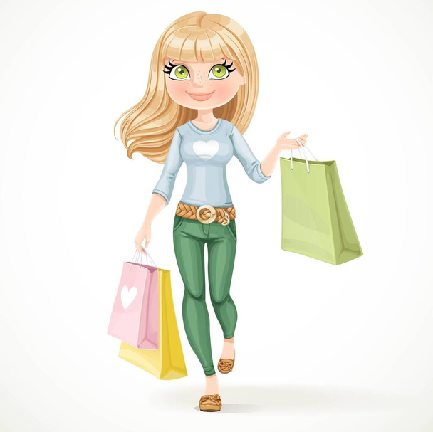 Shopaholic blond girl goes with paper bags isolated on a white background - Vetor, Imagem