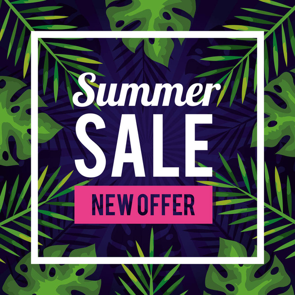 vente d'été nouvelle offre, bannière avec fond de feuilles tropicales, bannière florale exotique - Vecteur, image