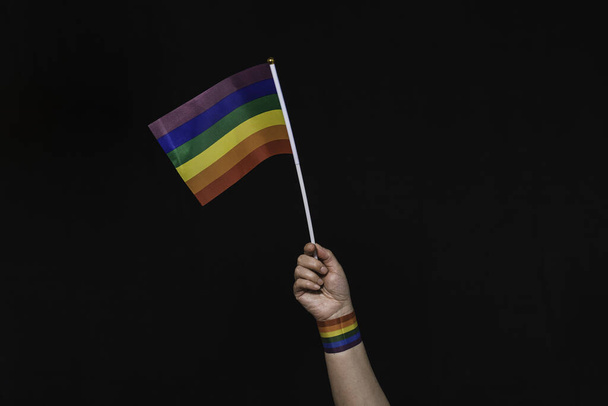 ゲイの誇りの虹の旗の腕。ゲイのプライドフラグで腕を上げてください。誇りだ。虹の旗。ゲイ・プライド・バナー. - 写真・画像