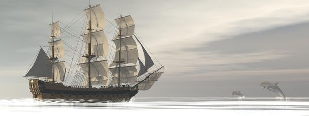 Old merchant ship and dolphins - 3D render - Photo, Image