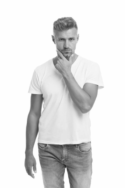 He knows he is attractive. Mature man. Overcome problems. Midlife Crisis Affecting Men. Psychological crisis. Male beauty standards. Mature guy wear white shirt looks stylish. Crisis solution - Фото, зображення