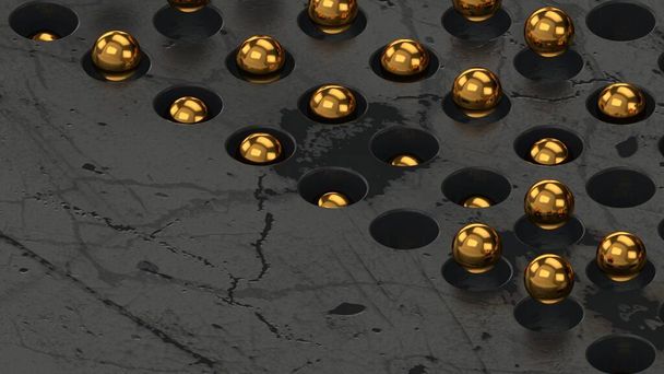 Ilustración moderna 3d de formas geométricas. Esferas doradas sobre fondo gris oscuro
 - Foto, Imagen