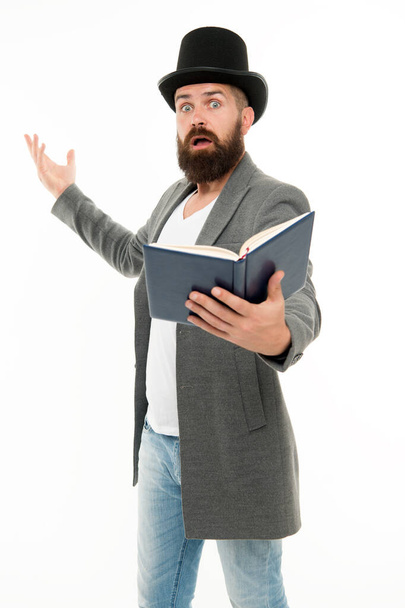 Recite verses. Poet or writer. Author of novel. Inspired bearded man read book. Poetry reading. Book presentation. Literature teacher. Books shop. Guy classic outfit read book. Literary criticism - Foto, Imagen