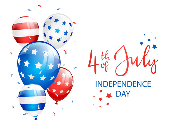 Independence day Theme. Lettering Independence day 4th of July with stars, balloons and confetti on white background. Illustration can be used for holiday design, cards, posters, banners. - Vetor, Imagem
