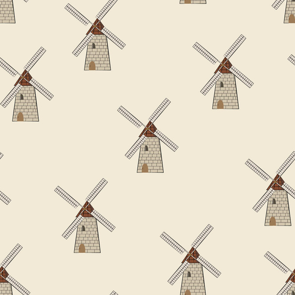 Vector seamless pattern of mills on a light brown background. It can be used in packaging, printing on fabric, napkins, various kinds of backgrounds and the like. - Vektor, obrázek