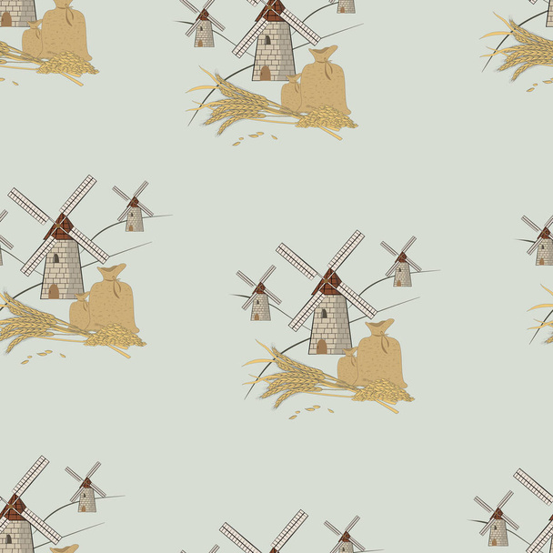 Vector seamless pattern of mills, bags with grain and ears of wheat on a light green background. It can be used in packaging, printing on fabric, napkins, various kinds of backgrounds and the like. - Vektor, Bild