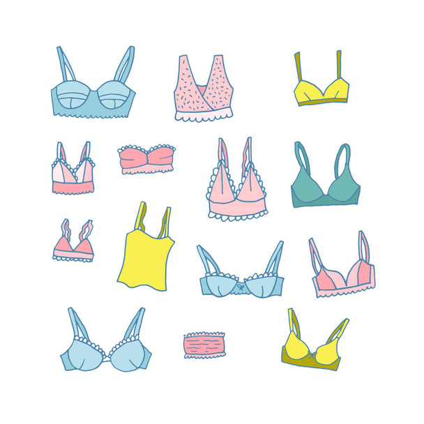 Hand drawn Lingerie set. Fashion feminine vector icon illustration. Sexy lacy woman underwear symbol collection. - Vector, Image
