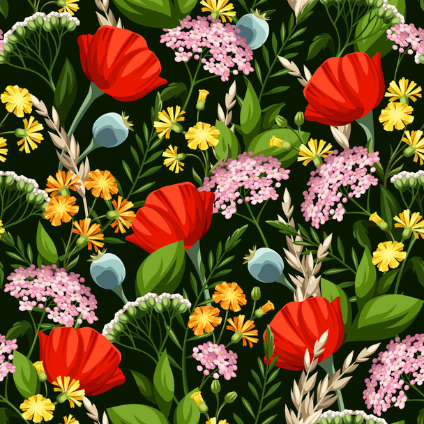 Floral pattern with bright colorful wild flowers on a dark green background. - Wektor, obraz