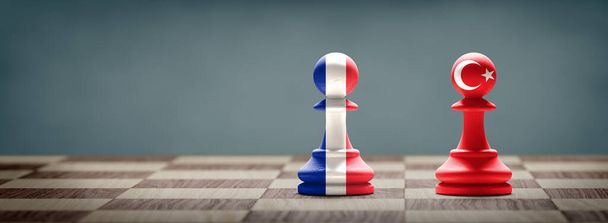 Francia e Turchia sono in conflitto. Bandiere di campagna su pedine di scacchi su una scacchiera. Illustrazione 3D. - Foto, immagini