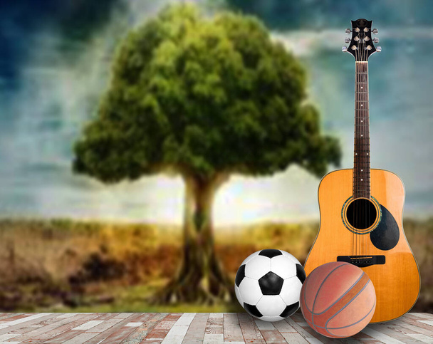 Ξύλινη κιθάρα, ποδόσφαιρο, μπάσκετ στο έδαφος, δεν κλίση, αθλήματα, μουσική, αναψυχή, αναψυχή, clipingpar - Φωτογραφία, εικόνα