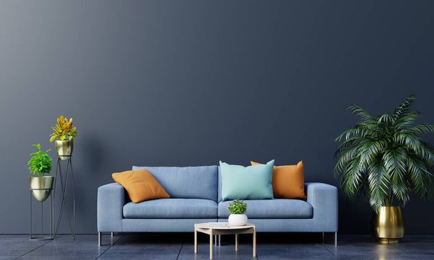 Moderno salón interior con sofá y plantas verdes, lámpara, mesa sobre fondo de pared oscura. renderizado 3d - Foto, Imagen